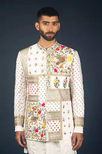 Off white raw silk bandhgala