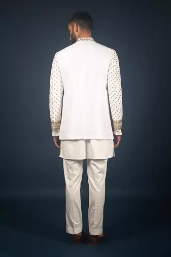 Off white raw silk bandhgala