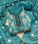 Women's teal blue unstitched position work viscose organza dress material 