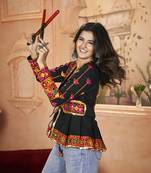 Black roman silk embroidered with real mirror work navratri party wear kediya