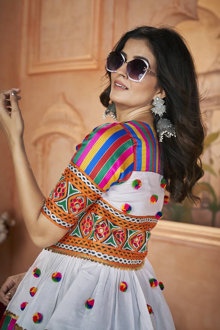 Mesmerizing White Embroidered Cotton navratri wear designer stylish ladies top online