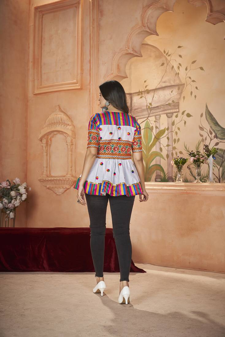 Mesmerizing White Embroidered Cotton navratri wear designer stylish ladies top online