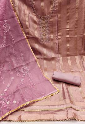 Women's purple handwork and royal border viscose organza dress material 2