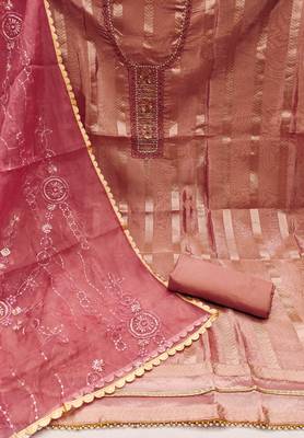 Women's dusty rose handwork and royal border viscose organza dress material 2