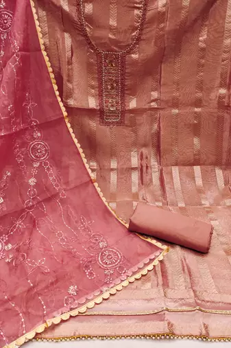 Women's dusty rose handwork and royal border viscose organza dress material