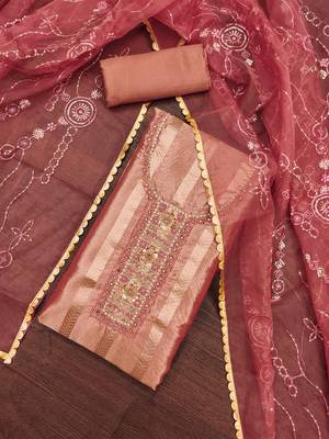 Women's dusty rose handwork and royal border viscose organza dress material 4