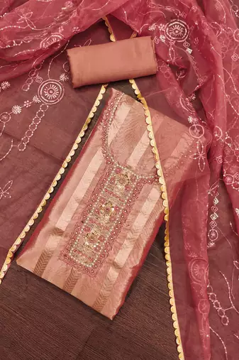 Women's dusty rose handwork and royal border viscose organza dress material