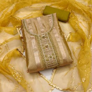 Women's olive green handwork viscose organza dress material 1