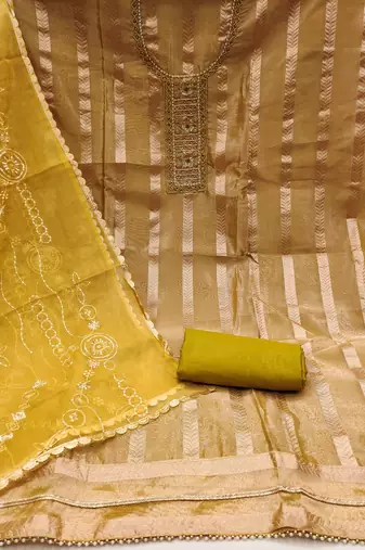 Women's olive green handwork viscose organza dress material