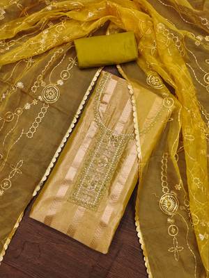 Women's olive green handwork viscose organza dress material 4