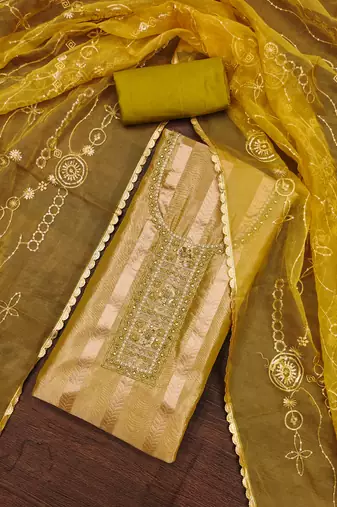 Women's olive green handwork viscose organza dress material
