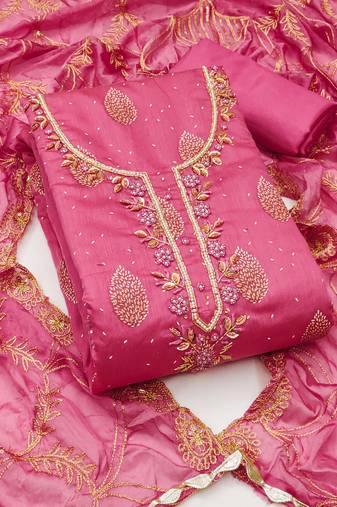 Women's pink unstitched fancy print and royal border modal cotton dress material 