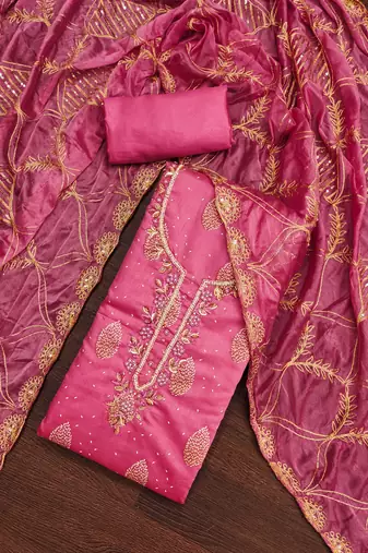 Women's pink fancy print and royal border modal cotton dress material