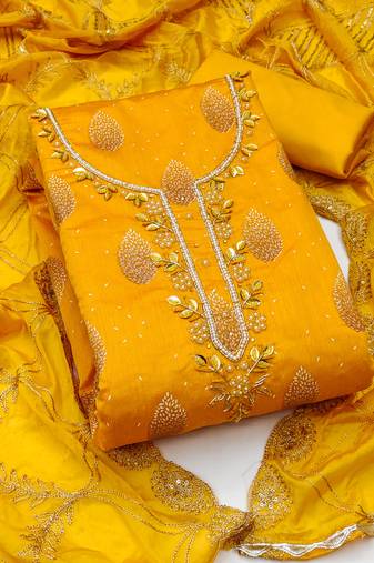 Women's yellow unstitched fancy print and royal border modal cotton dress material 