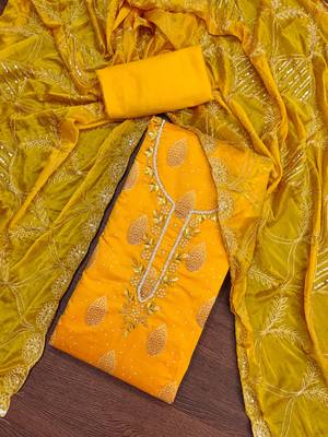 Women's yellow fancy print and royal border modal cotton dress material 4