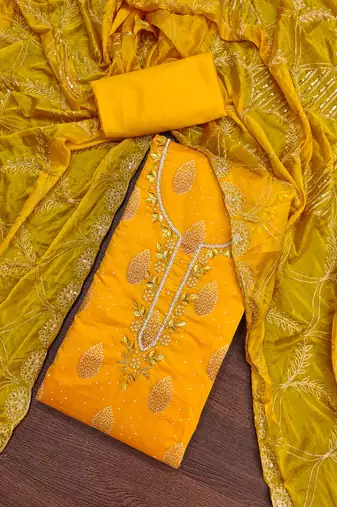 Women's yellow fancy print and royal border modal cotton dress material