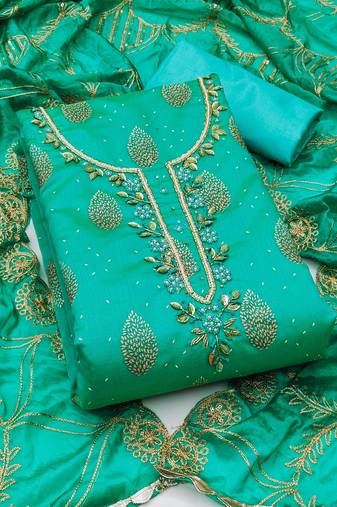 Women's sea green unstitched fancy print and royal border modal cotton dress material 