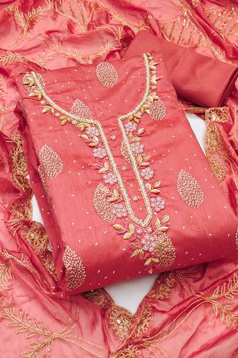Women's dusty rose unstitched fancy print and royal border modal cotton dress material 