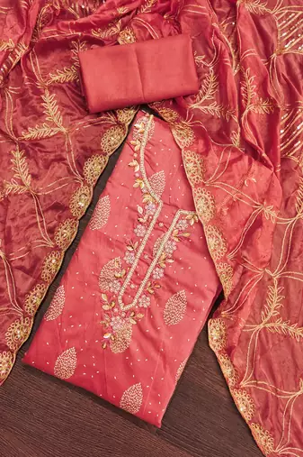 Women's dusty rose fancy print and royal border modal cotton dress material