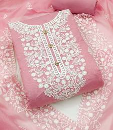 Women's Chanderi Cotton Pink Embroidered Lucknowi Chikankari Style Salwar Suit Dress Material Dupatta