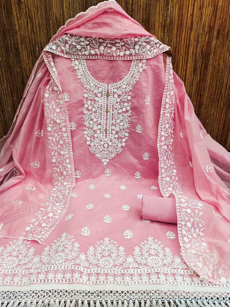 Women's Chanderi Cotton Pink Embroidered Lucknowi Chikankari Style Salwar Suit Dress Material Dupatta