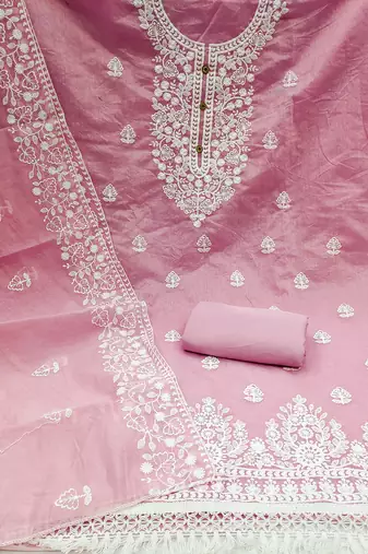Women's Chanderi Cotton Pink Embroidered Lucknowi Chikankari Style Salwar Suit Dress Material Dupatta