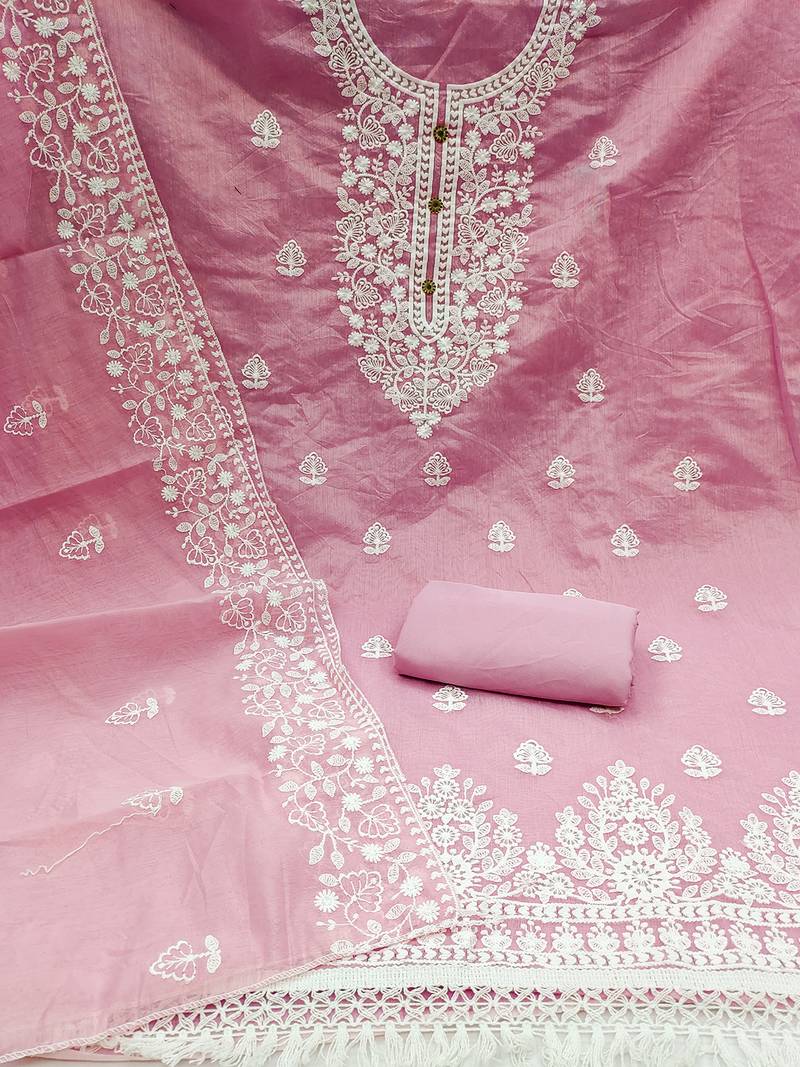 Women's Chanderi Cotton Pink Embroidered Lucknowi Chikankari Style Salwar Suit Dress Material Dupatta