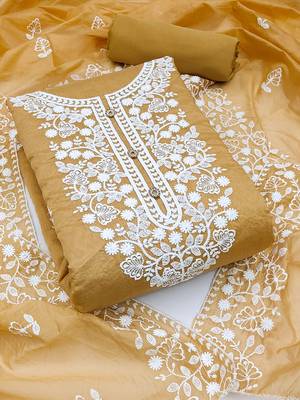 Beige Chanderi Cotton White Embroidered Lucknowi Chikankari Style Salwar Suit Dress Material Dupatta 1