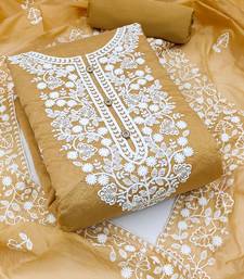 Beige Chanderi Cotton White Embroidered Lucknowi Chikankari Style Salwar Suit Dress Material Dupatta
