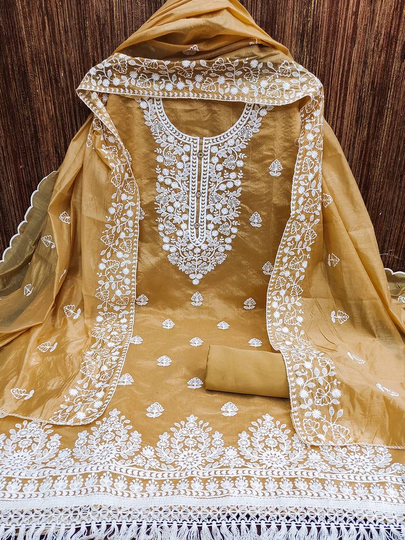 Beige Chanderi Cotton White Embroidered Lucknowi Chikankari Style Salwar Suit Dress Material Dupatta