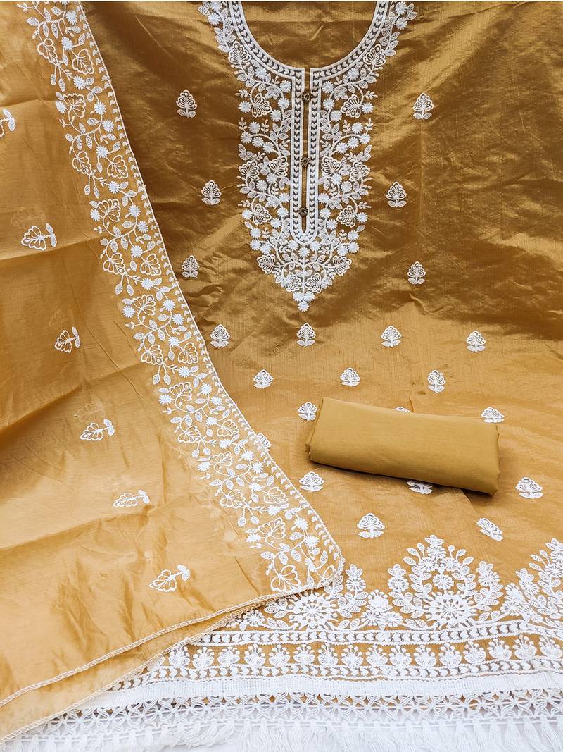 Beige Chanderi Cotton White Embroidered Lucknowi Chikankari Style Salwar Suit Dress Material Dupatta