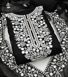 Black Chanderi Cotton White Embroidered Lucknowi Chikankari Style Salwar Suit Dress Material Dupatta