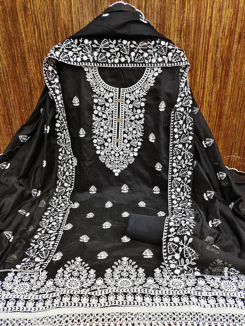 Black Chanderi Cotton White Embroidered Lucknowi Chikankari Style Salwar Suit Dress Material Dupatta