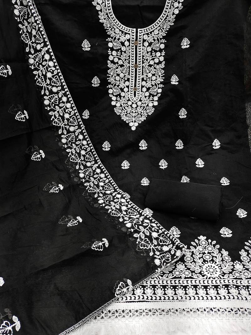 Black Chanderi Cotton White Embroidered Lucknowi Chikankari Style Salwar Suit Dress Material Dupatta