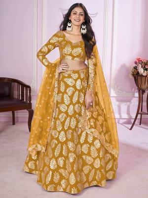 yellow sequins georgette wedding lehenga set choli with dupatta 1