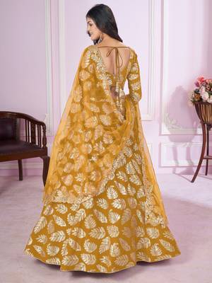 yellow sequins georgette wedding lehenga set choli with dupatta 3