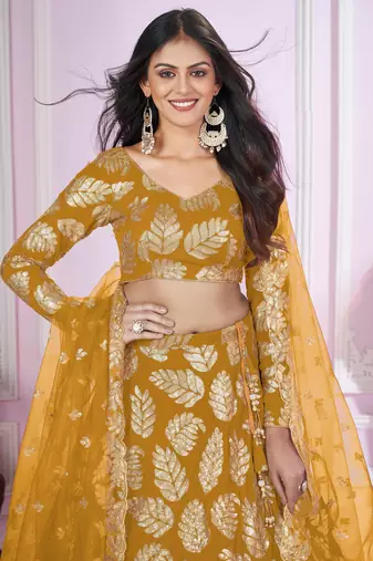 yellow sequins georgette wedding lehenga set choli with dupatta