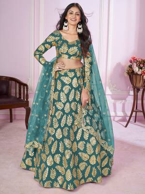 teal green sequins georgette lehenga set choli with dupatta 1