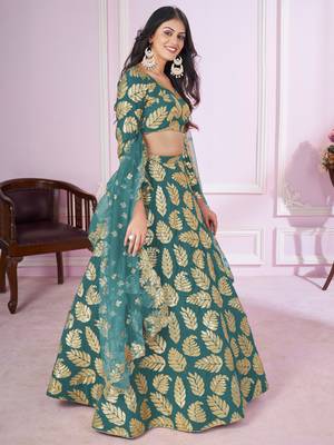 teal green sequins georgette lehenga set choli with dupatta 2