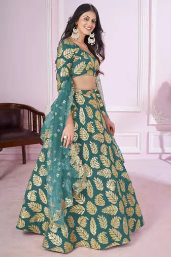 teal green sequins georgette lehenga set choli with dupatta