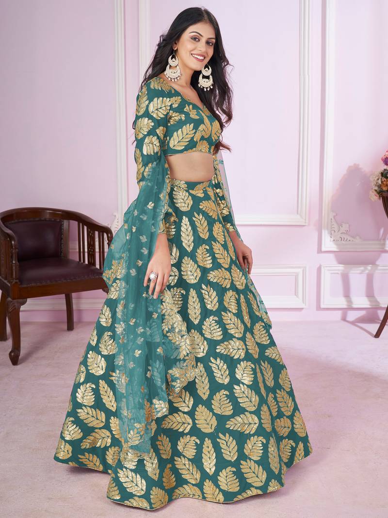 Beautiful Teal Green Sequins Georgette Engagement Wear Lehenga Choli