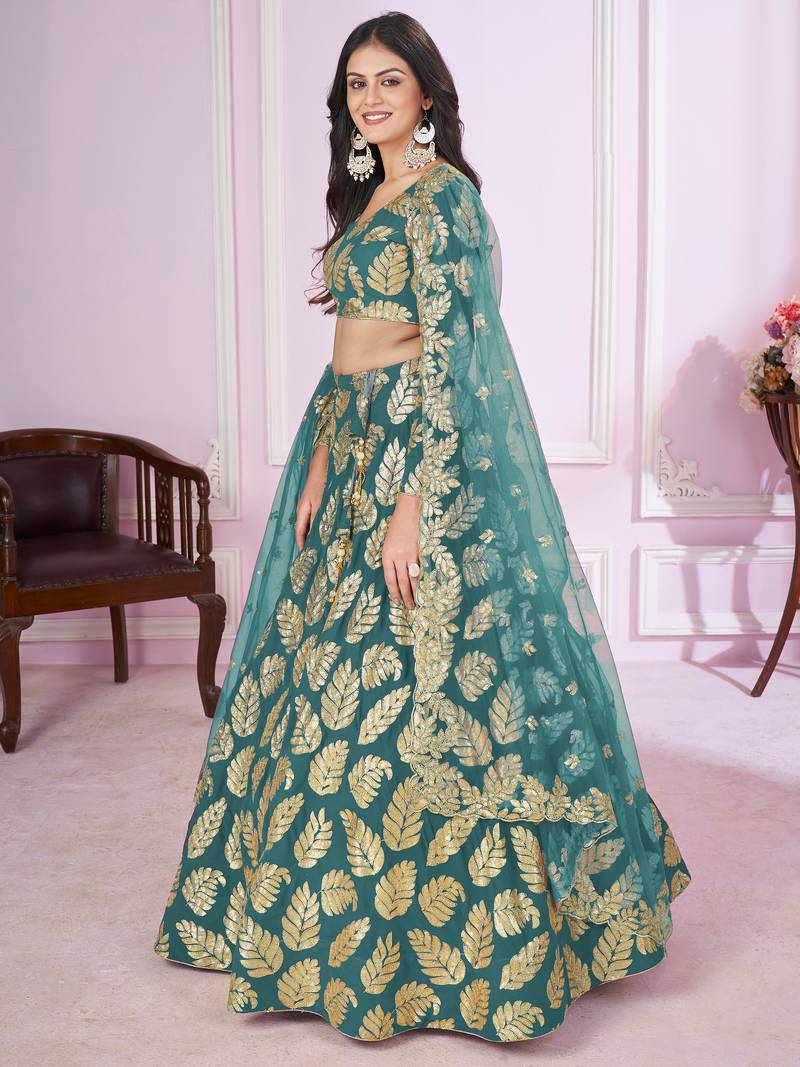 Beautiful Teal Green Sequins Georgette Engagement Wear Lehenga Choli