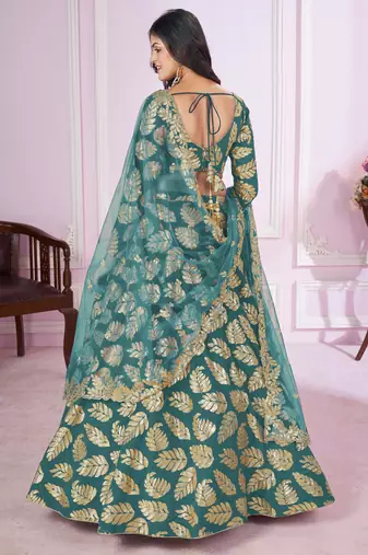 teal green sequins georgette lehenga set choli with dupatta