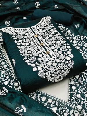 Bottle Green Chanderi Cotton White Embroidered Lucknowi Chikankari Style Salwar Suit Dress Material Dupatta 1