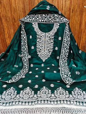 Bottle Green Chanderi Cotton White Embroidered Lucknowi Chikankari Style Salwar Suit Dress Material Dupatta 2