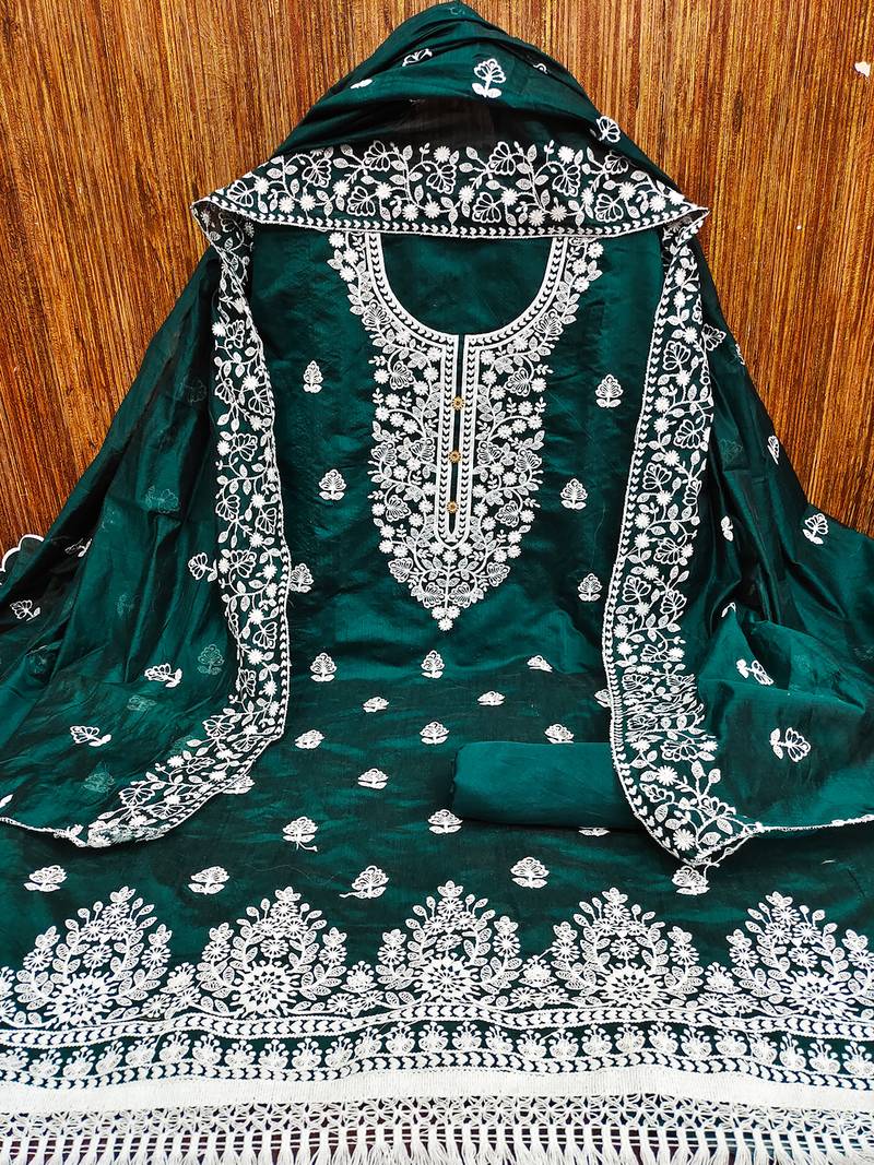 Bottle Green Chanderi Cotton White Embroidered Lucknowi Chikankari Style Salwar Suit Dress Material Dupatta