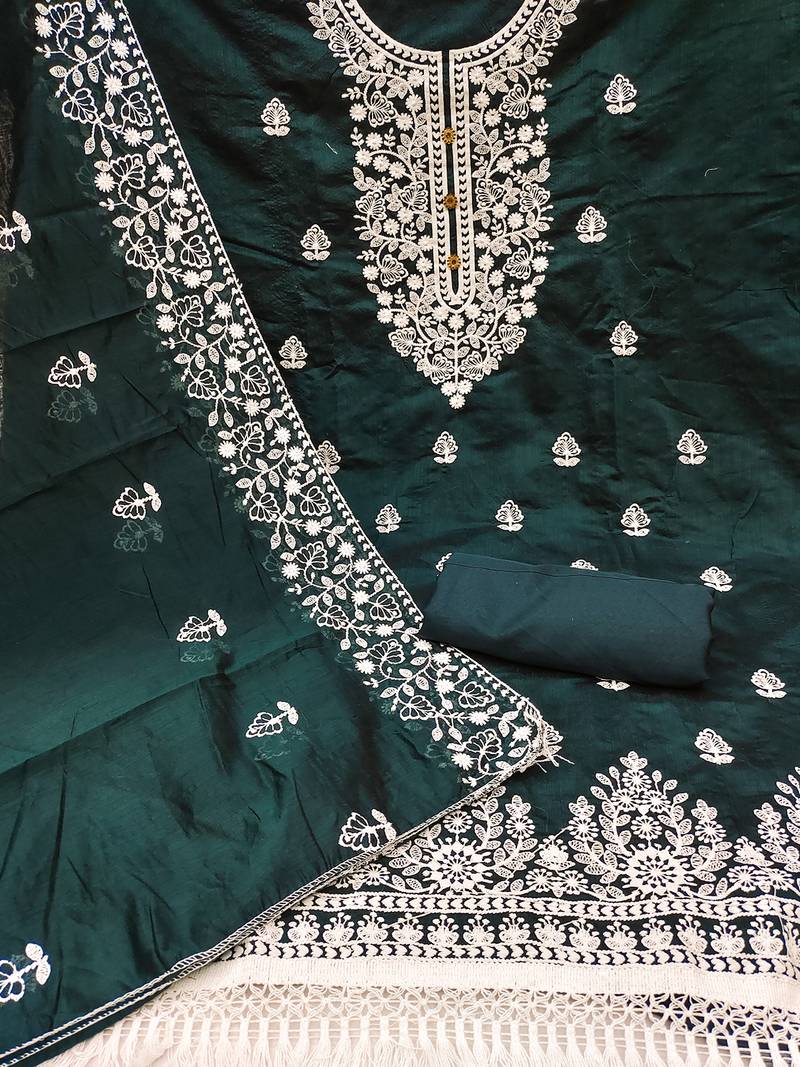 Bottle Green Chanderi Cotton White Embroidered Lucknowi Chikankari Style Salwar Suit Dress Material Dupatta