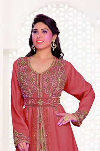 Maroon & Inner White color Full Sleeves Handmade Moroccan Kaftan
