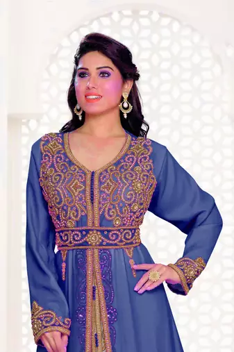 Navy Blue & Inner White color Full Sleeves Handmade Moroccan Kaftan