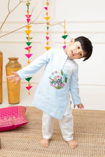 Keebee organic cotton toucan hand embroidered angrakha style blue kurta paired with pajama pants